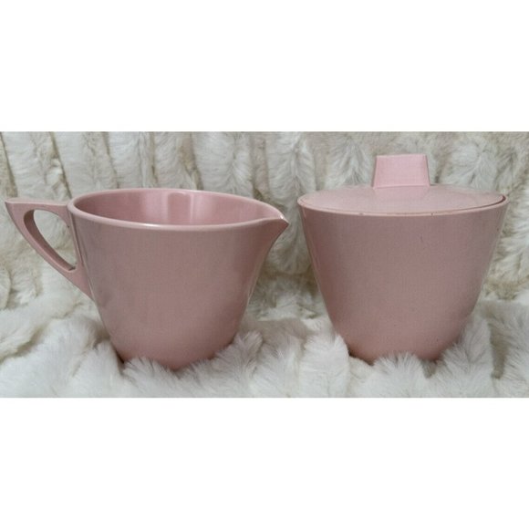 Mar-crest Melmac Melamine Atomic Pink Sugar Bowl and Creamer Pitcher Retro Vtg - Picture 1 of 13